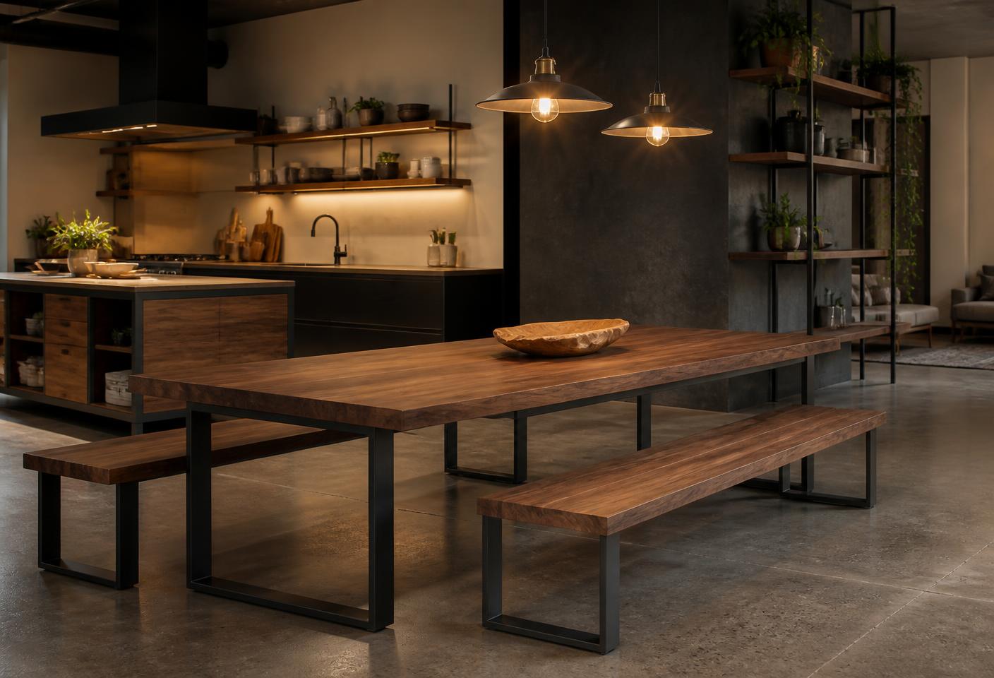 Cozinha gourmet com mesa e bancos industriais