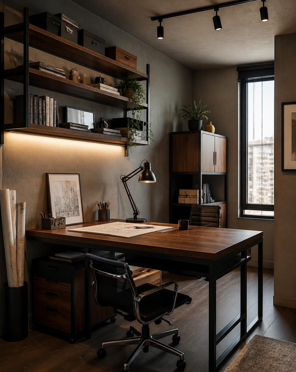 Home office com mesa e prateleiras industriais