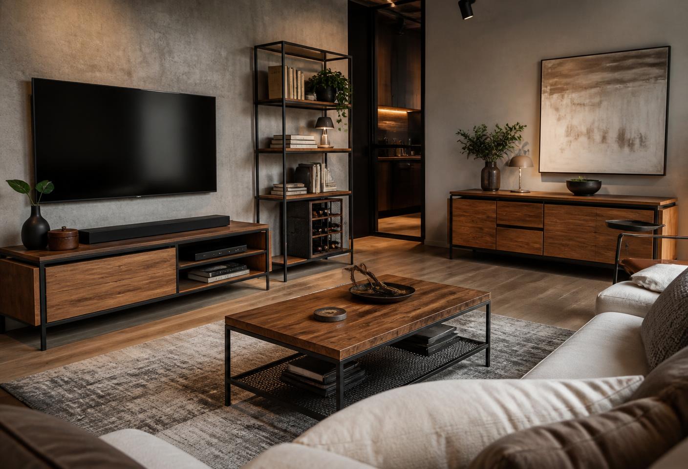 Sala moderna com rack, mesa de centro e estante industriais